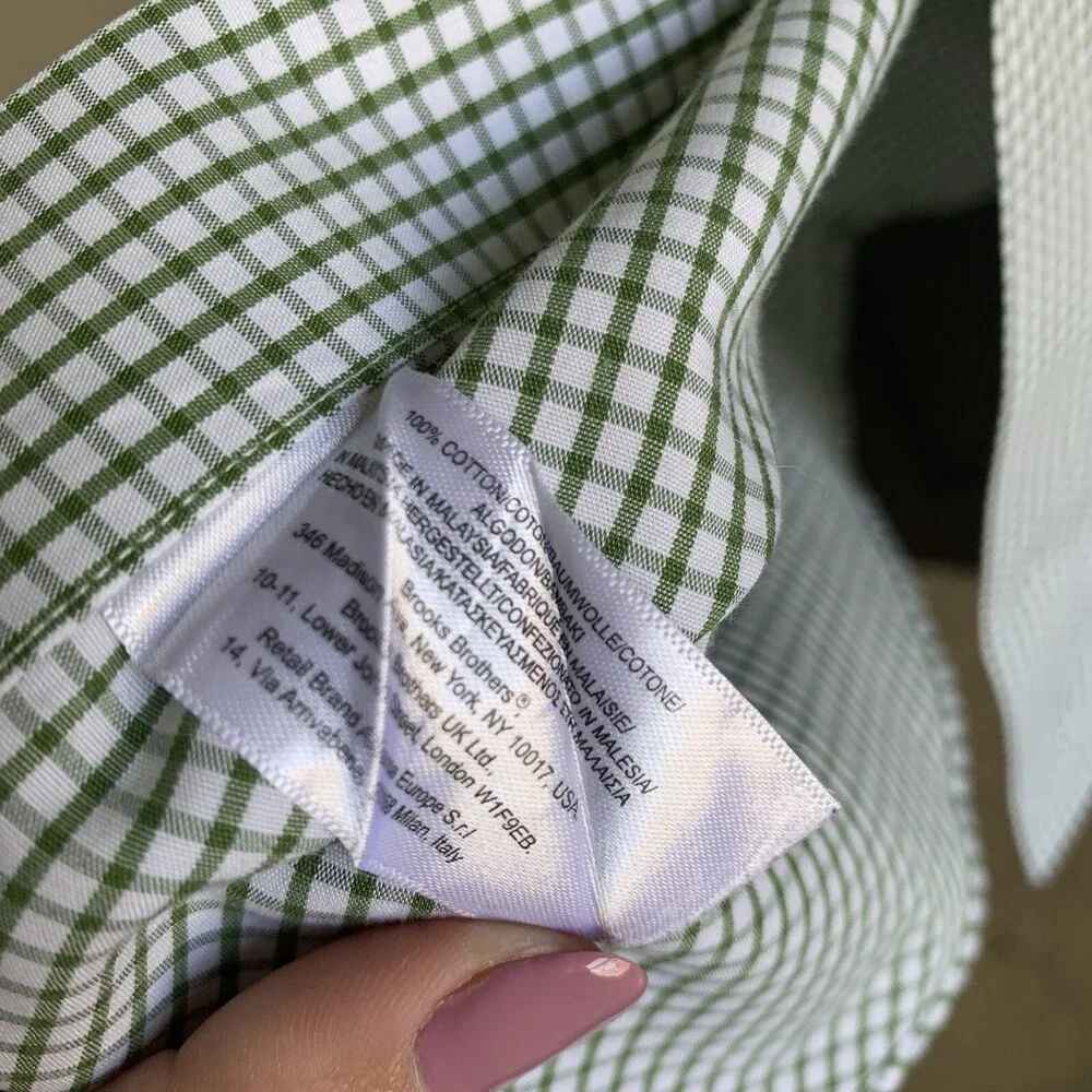 BROOKS BROTHERS THE ORIGINAL POLO SHIRT Mens 16/35 LONG SLEEVE Green Checked - Picture 7 of 8